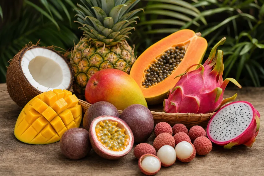 Fruits exotiques : mangue, ananas, fruit du dragon
